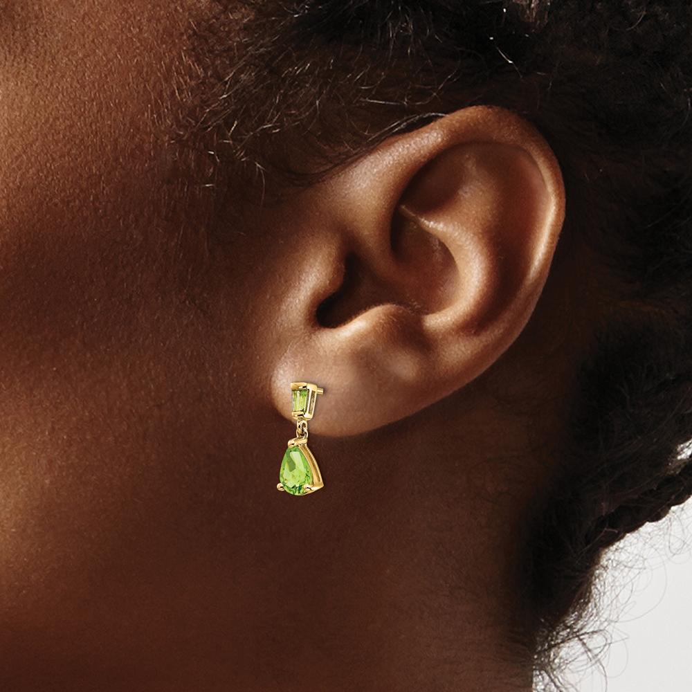 14K Yellow Gold Peridot Dangle Earrings with Pear and Baguette Stones - 1.4 Carat Total Peridot Weight by Monteluci Fine Jewelry
