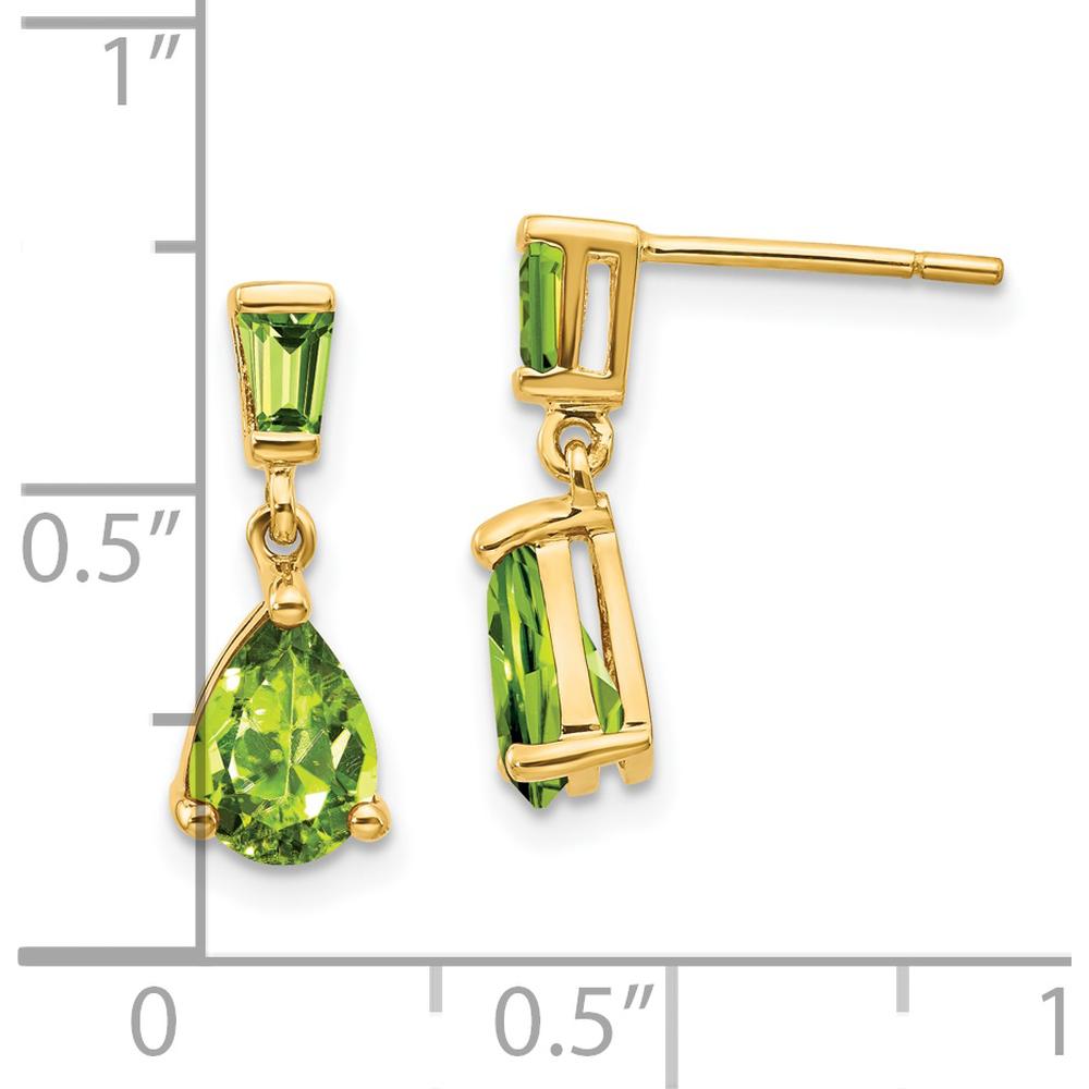 14K Yellow Gold Peridot Dangle Earrings with Pear and Baguette Stones - 1.4 Carat Total Peridot Weight by Monteluci Fine Jewelry