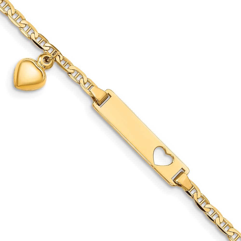 14K Yellow Gold Personalized ID Bracelet with Heart Cut-out and Dangle Charm for Baby - 6" Length by Oro Pregiato