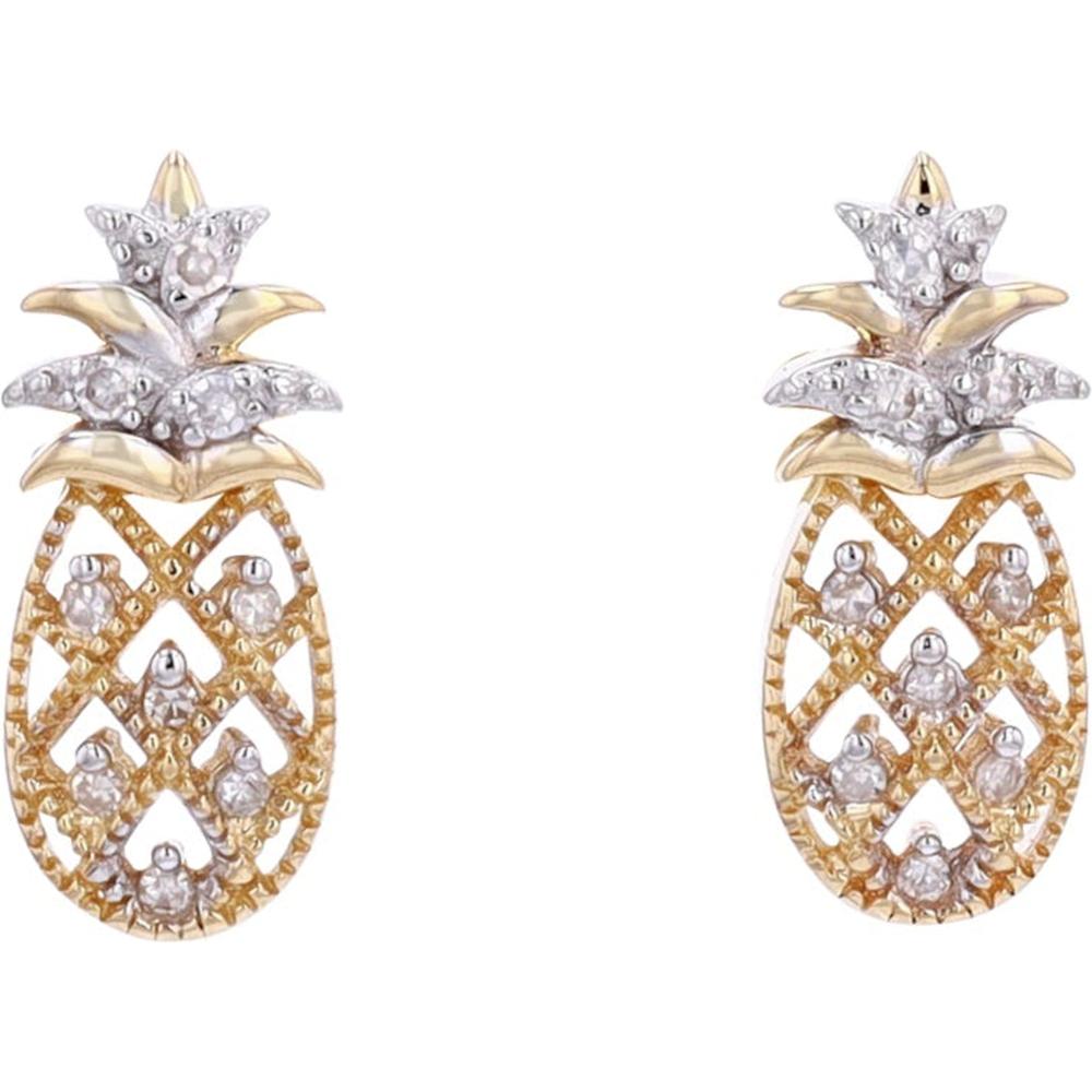 14K Yellow Gold Pineapple Earrings with Round Diamond Accents - 0.15 Carats Total Diamond Weight