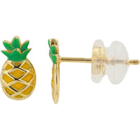 14K Yellow Gold Pineapple Stud Earrings with Multicolor Enamel Inlay