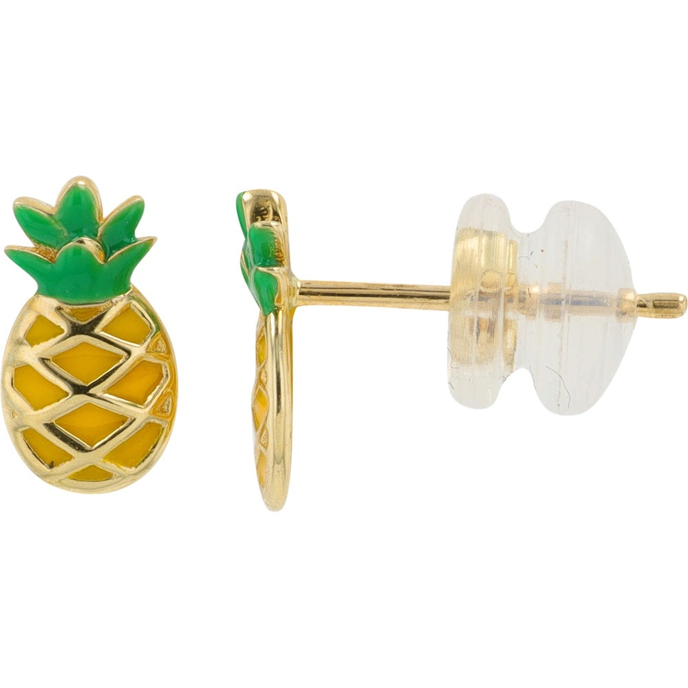14K Yellow Gold Pineapple Stud Earrings with Multicolor Enamel Inlay