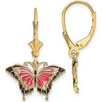 14K Yellow Gold Pink and Black Enamel Butterfly Leverback Earrings by 0