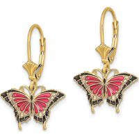14K Yellow Gold Pink and Black Enamel Butterfly Leverback Earrings by 0