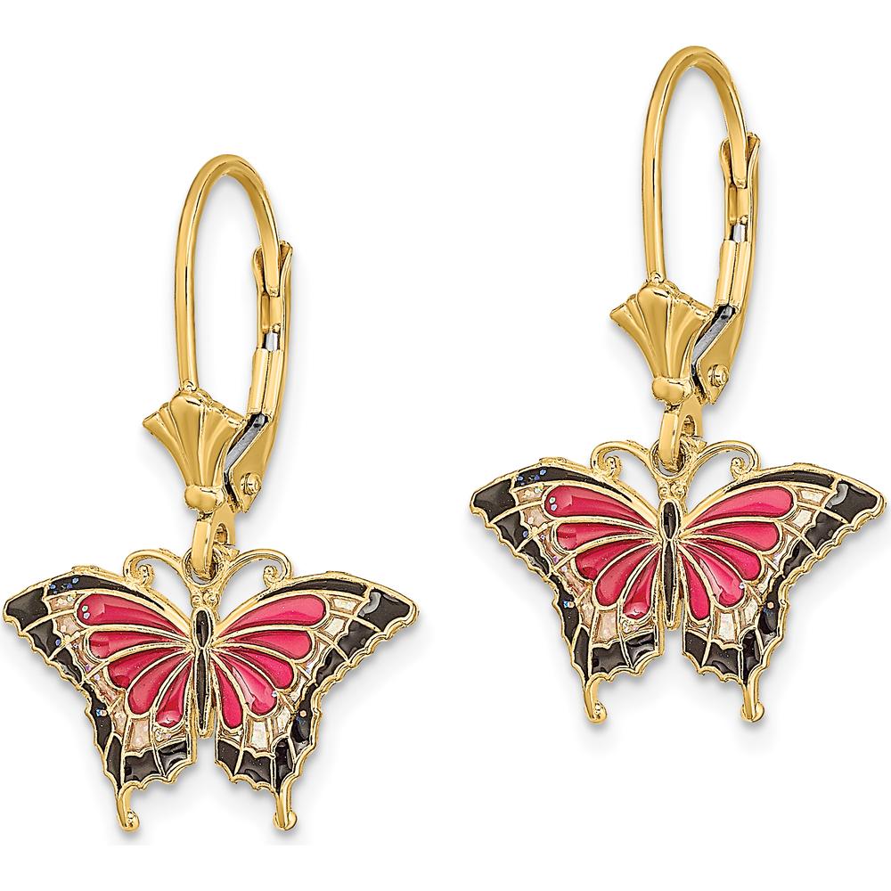14K Yellow Gold Pink and Black Enamel Butterfly Leverback Earrings by 0