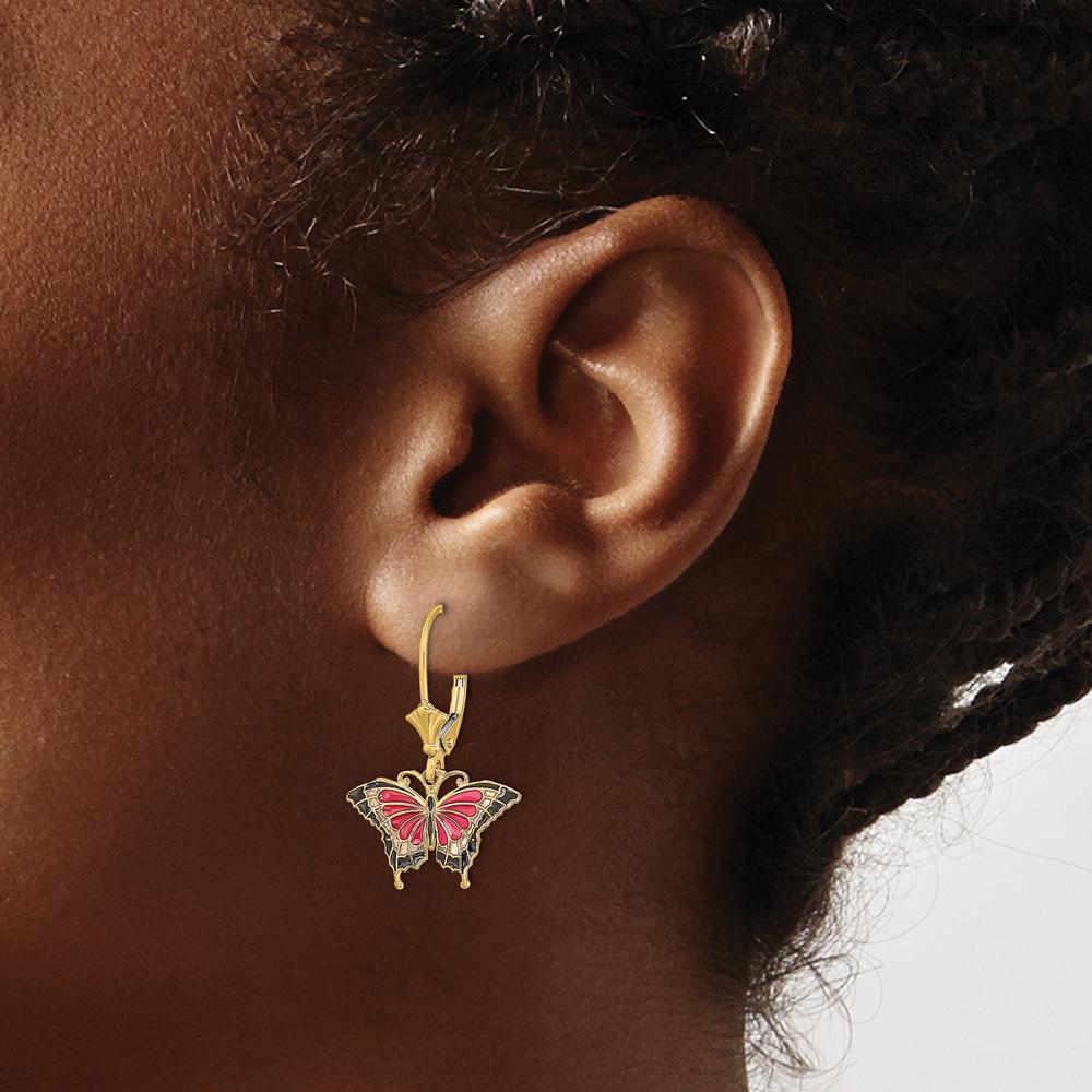 14K Yellow Gold Pink and Black Enamel Butterfly Leverback Earrings by 0