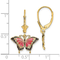 14K Yellow Gold Pink and Black Enamel Butterfly Leverback Earrings by 0