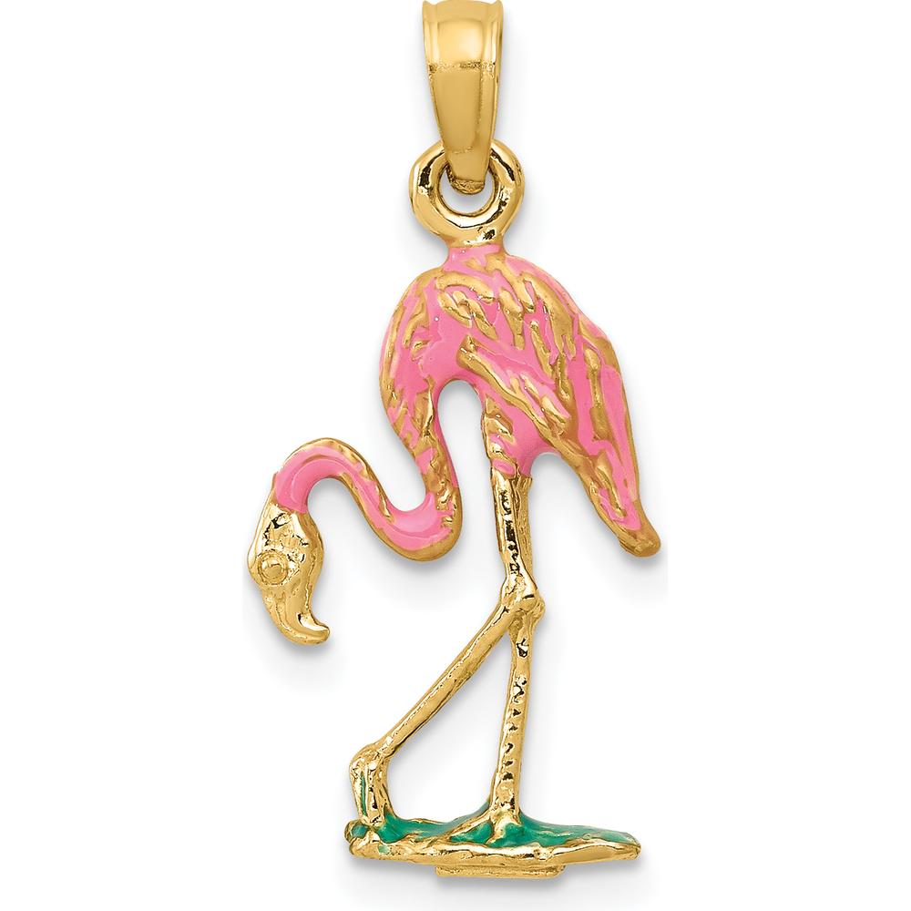 14K Yellow Gold Pink and Green Enamel Flamingo Pendant - Whimsical Motif Design by Oro Pregiato
