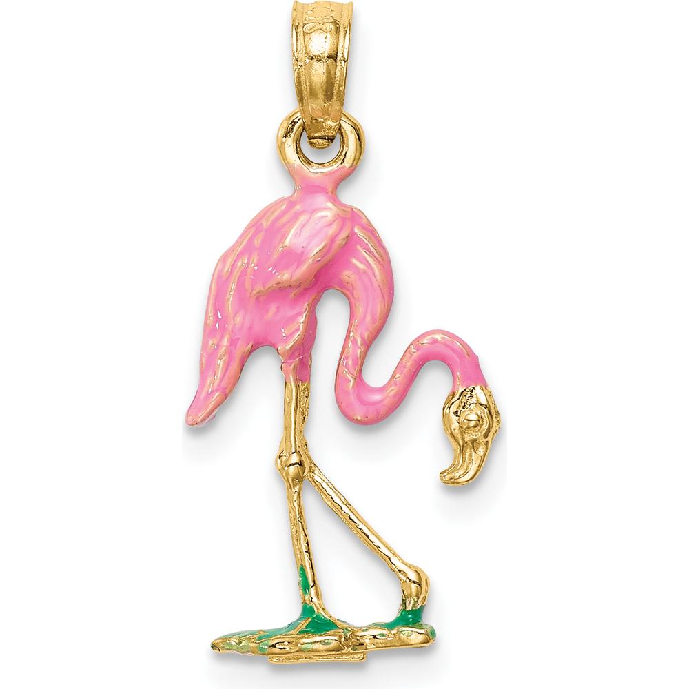 14K Yellow Gold Pink and Green Enamel Flamingo Pendant - Whimsical Motif Design by Oro Pregiato