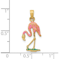 14K Yellow Gold Pink and Green Enamel Flamingo Pendant - Whimsical Motif Design by Oro Pregiato