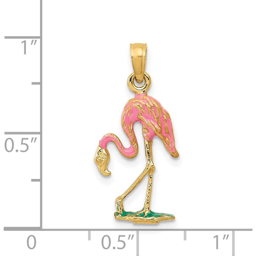 14K Yellow Gold Pink and Green Enamel Flamingo Pendant - Whimsical Motif Design by Oro Pregiato