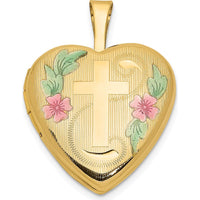 14K Yellow Gold Pink and Green Enamel Floral Cross Heart Locket with Engravable Interior and Polished Back by Monteluci Fine Jewelry