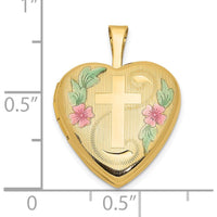 14K Yellow Gold Pink and Green Enamel Floral Cross Heart Locket with Engravable Interior and Polished Back by Monteluci Fine Jewelry