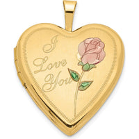 14K Yellow Gold Pink and Green Enamel Rose "I Love You" Heart Locket Pendant with Polished Finish by Monteluci Fine Jewelry