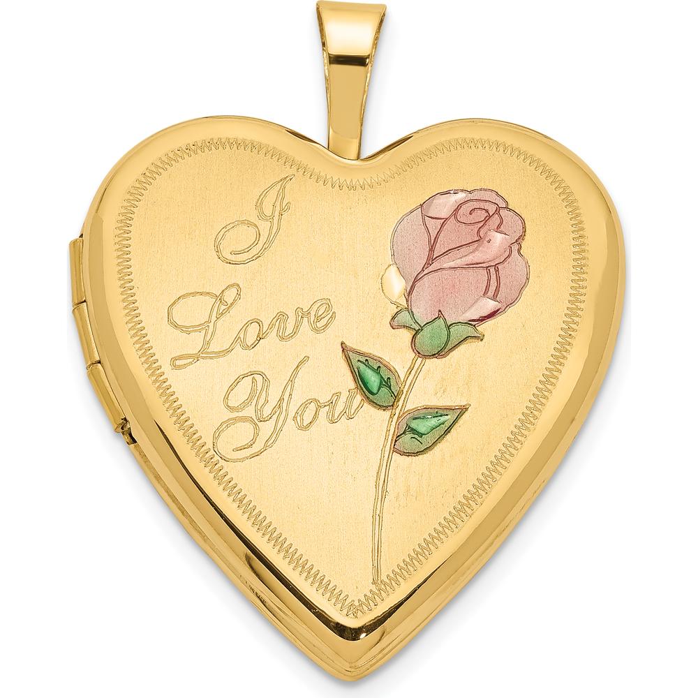 14K Yellow Gold Pink and Green Enamel Rose "I Love You" Heart Locket Pendant with Polished Finish by Monteluci Fine Jewelry