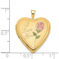 14K Yellow Gold Pink and Green Enamel Rose "I Love You" Heart Locket Pendant with Polished Finish by Monteluci Fine Jewelry