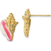 14K Yellow Gold Pink and White Enamel Conch Shell Post Earrings by 0