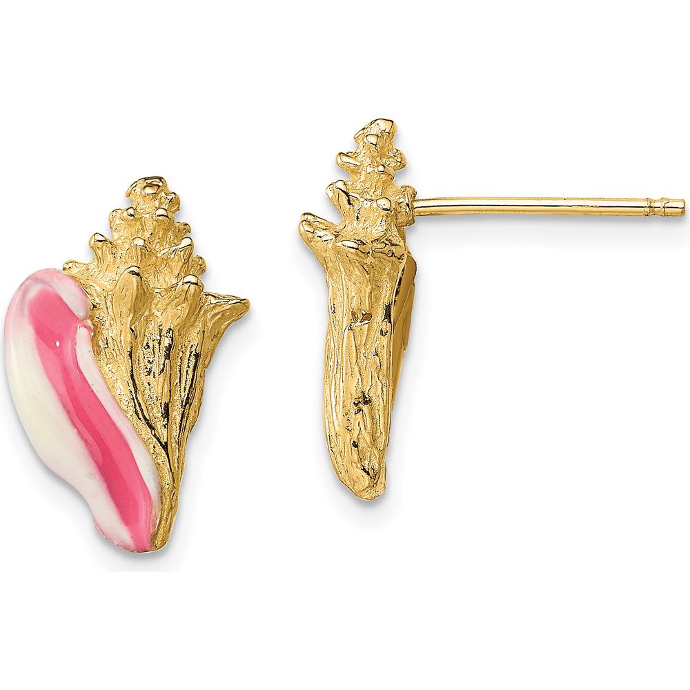 14K Yellow Gold Pink and White Enamel Conch Shell Post Earrings by 0
