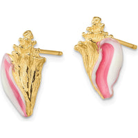14K Yellow Gold Pink and White Enamel Conch Shell Post Earrings by 0
