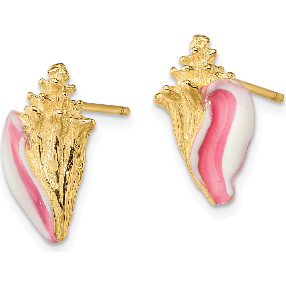 14K Yellow Gold Pink and White Enamel Conch Shell Post Earrings by 0