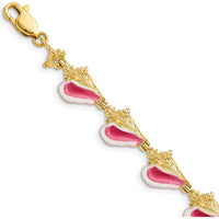 14K Yellow Gold Pink and White Enamel Conch Shell Station Bracelet - 7.25" Length by Oro Pregiato