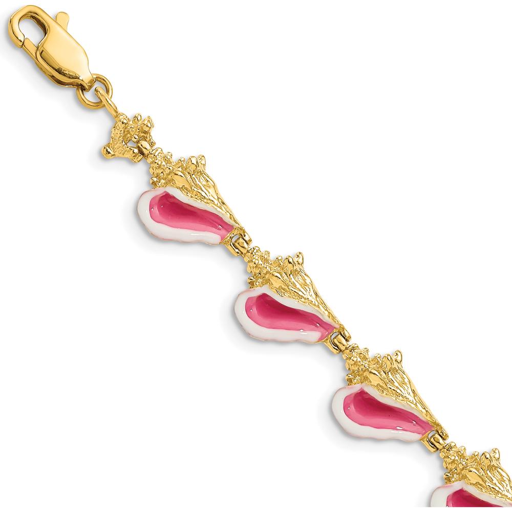 14K Yellow Gold Pink and White Enamel Conch Shell Station Bracelet - 7.25" Length by Oro Pregiato