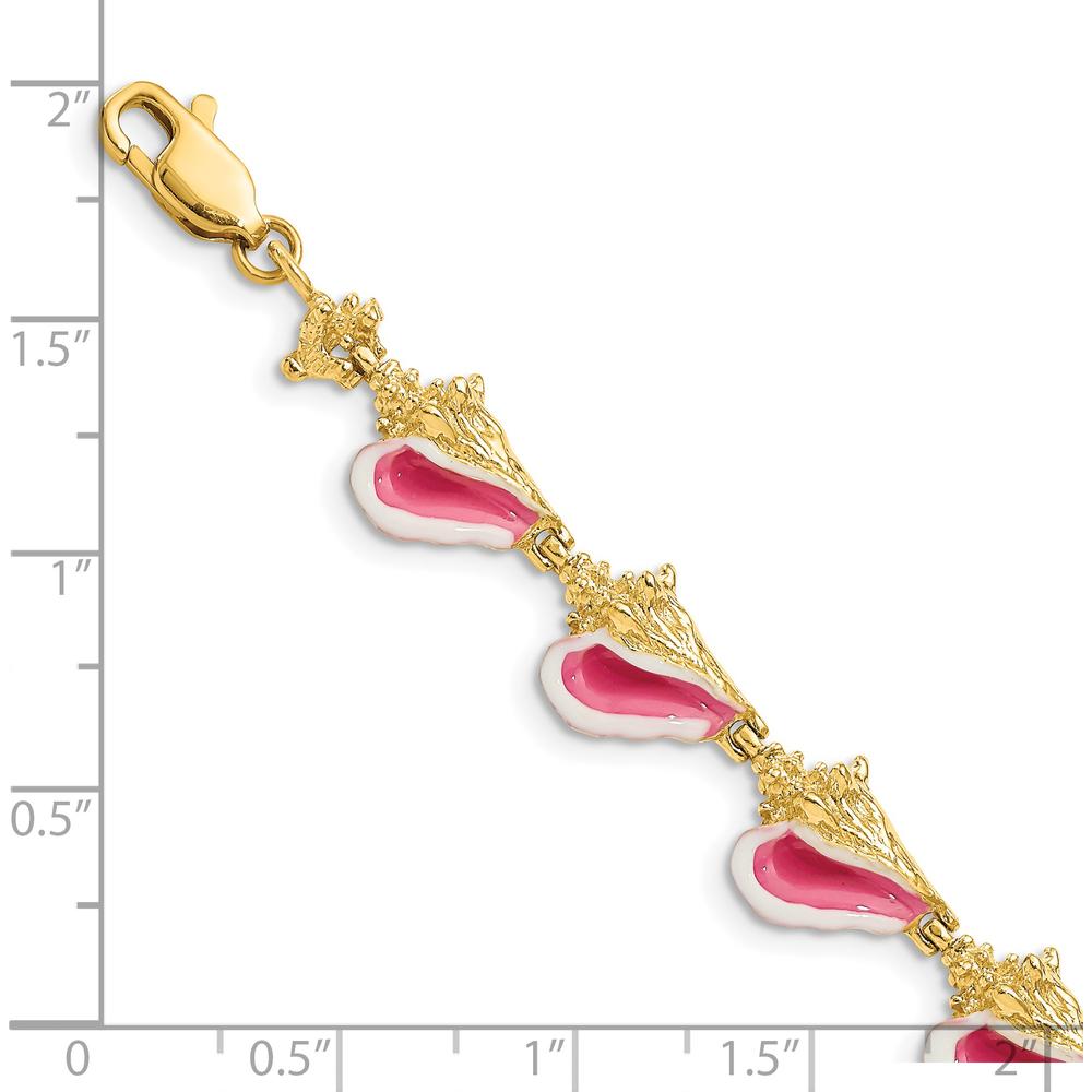 14K Yellow Gold Pink and White Enamel Conch Shell Station Bracelet - 7.25" Length by Oro Pregiato