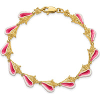 14K Yellow Gold Pink and White Enamel Conch Shell Station Bracelet - 7.25" Length by Oro Pregiato