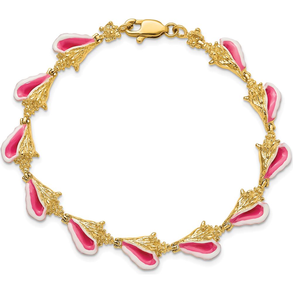 14K Yellow Gold Pink and White Enamel Conch Shell Station Bracelet - 7.25" Length by Oro Pregiato