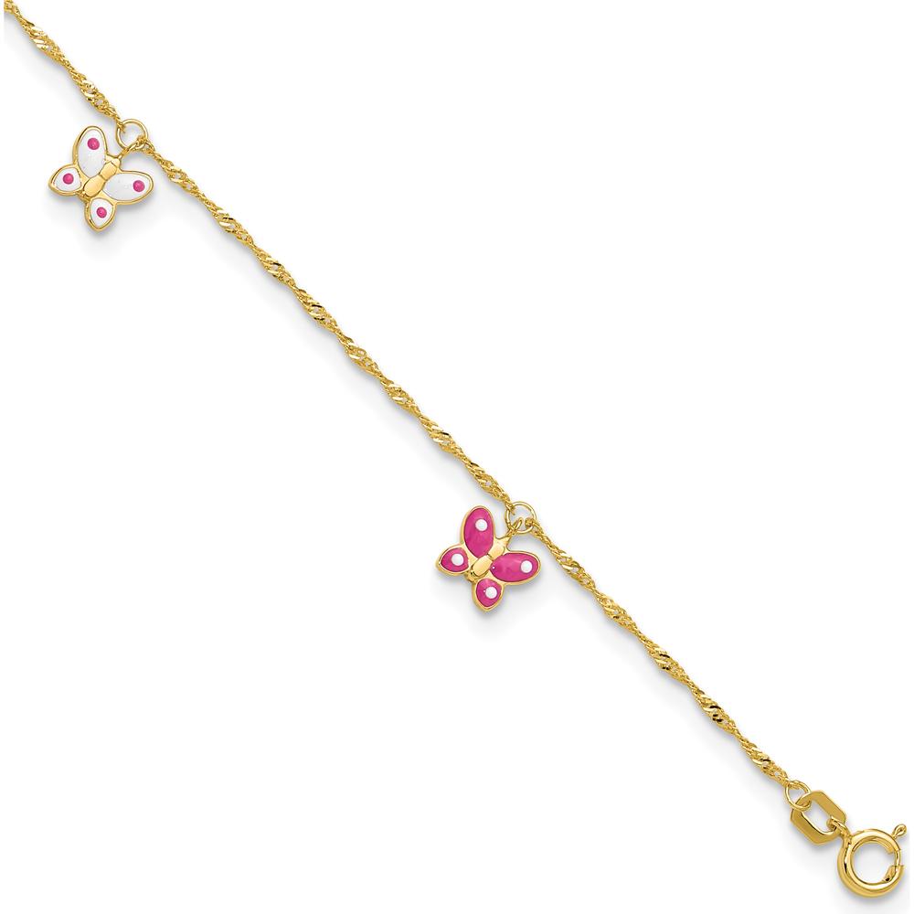 14K Yellow Gold Pink and White Enameled Butterfly Anklet with 1" Extender