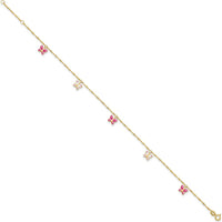 14K Yellow Gold Pink and White Enameled Butterfly Anklet with 1" Extender