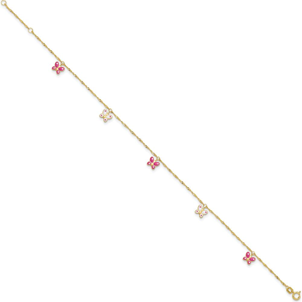 14K Yellow Gold Pink and White Enameled Butterfly Anklet with 1" Extender