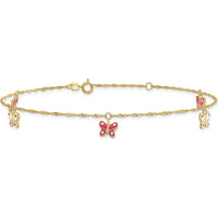 14K Yellow Gold Pink and White Enameled Butterfly Anklet with 1" Extender