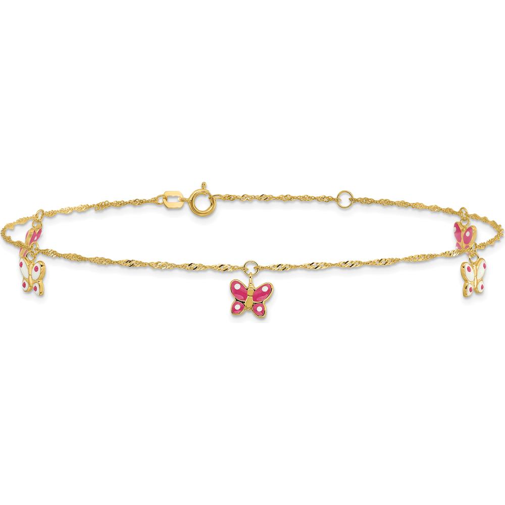 14K Yellow Gold Pink and White Enameled Butterfly Anklet with 1" Extender