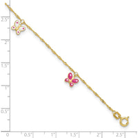 14K Yellow Gold Pink and White Enameled Butterfly Anklet with 1" Extender