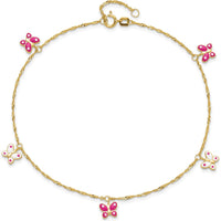 14K Yellow Gold Pink and White Enameled Butterfly Anklet with 1" Extender