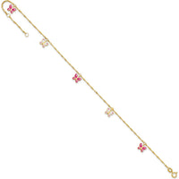 14K Yellow Gold Pink and White Enameled Butterfly Anklet with 1" Extender