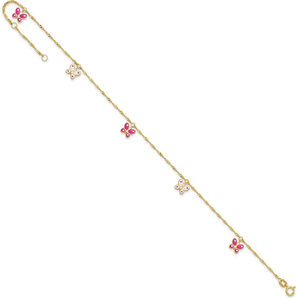 14K Yellow Gold Pink and White Enameled Butterfly Anklet with 1" Extender