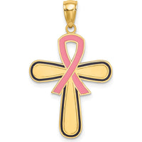 14K Yellow Gold Pink Enamel Awareness Ribbon Cross Pendant with Textured Back - 31mm Length by Oro Pregiato