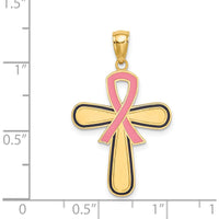 14K Yellow Gold Pink Enamel Awareness Ribbon Cross Pendant with Textured Back - 31mm Length by Oro Pregiato