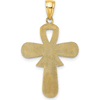 14K Yellow Gold Pink Enamel Awareness Ribbon Cross Pendant with Textured Back - 31mm Length by Oro Pregiato