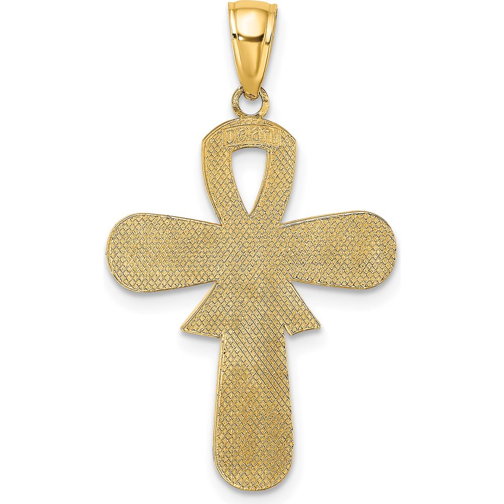 14K Yellow Gold Pink Enamel Awareness Ribbon Cross Pendant with Textured Back - 31mm Length by Oro Pregiato