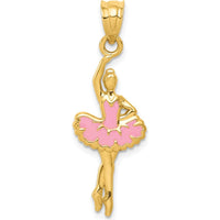 14K Yellow Gold Pink Enamel Ballerina Pendant - Textured Back Design with Polished Finish by Oro Pregiato