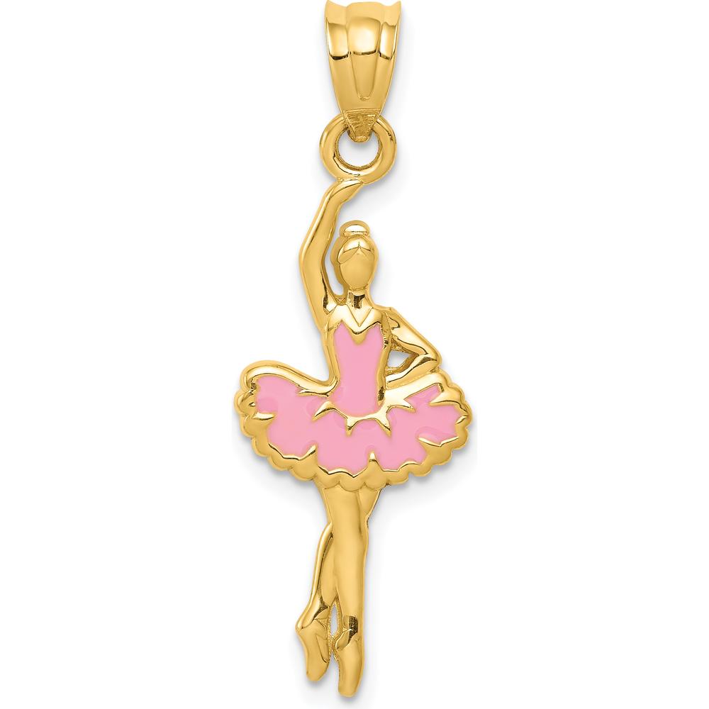 14K Yellow Gold Pink Enamel Ballerina Pendant - Textured Back Design with Polished Finish by Oro Pregiato