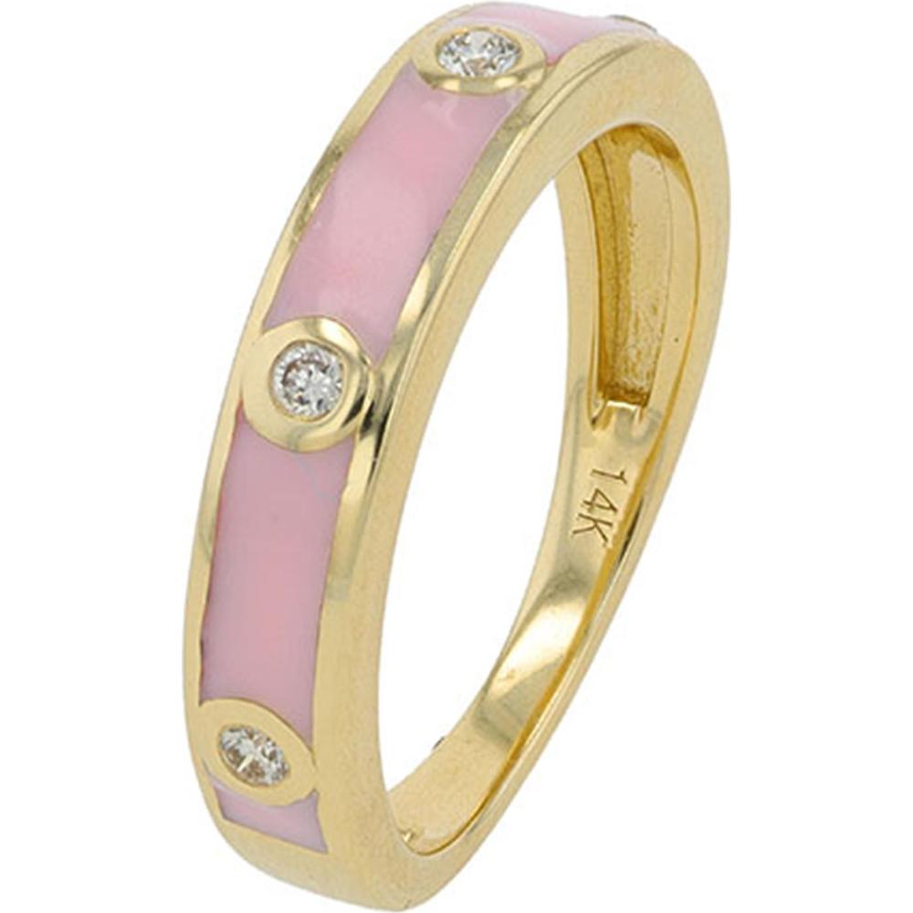14K Yellow Gold Pink Enamel Band Ring with Diamond Inlay - 0.10 Carat Total Diamond Weight