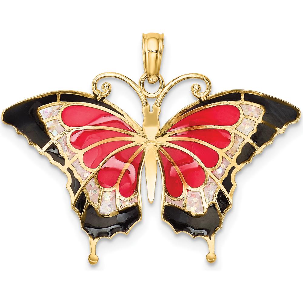 14K Yellow Gold Pink Enamel Butterfly Pendant with Multi-Colored Accents - 24mm x 31mm by Oro Pregiato