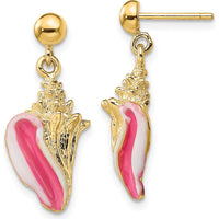 14K Yellow Gold Pink Enamel Conch Shell Dangle Earrings - 15.6mm Length by 0