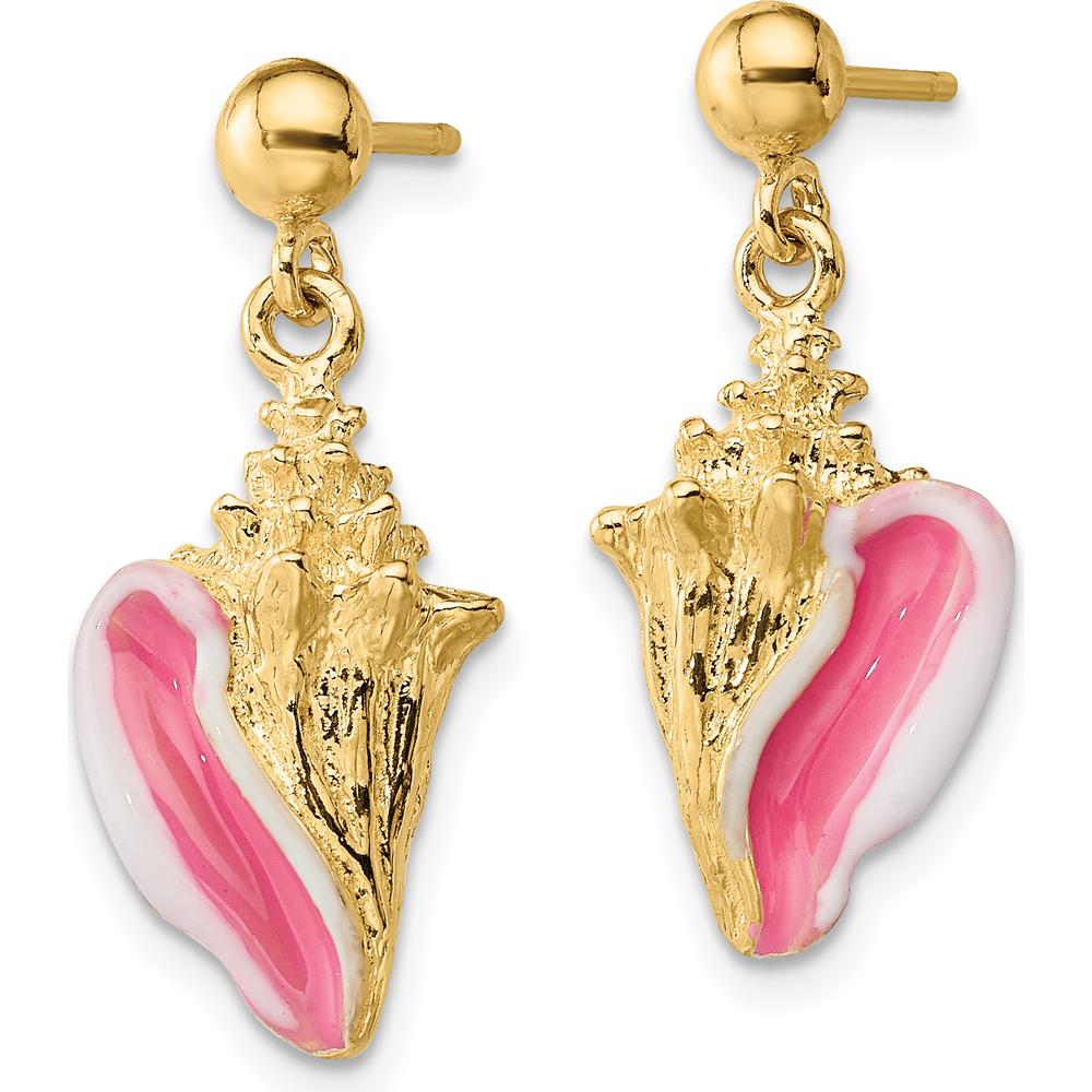 14K Yellow Gold Pink Enamel Conch Shell Dangle Earrings - 15.6mm Length by 0
