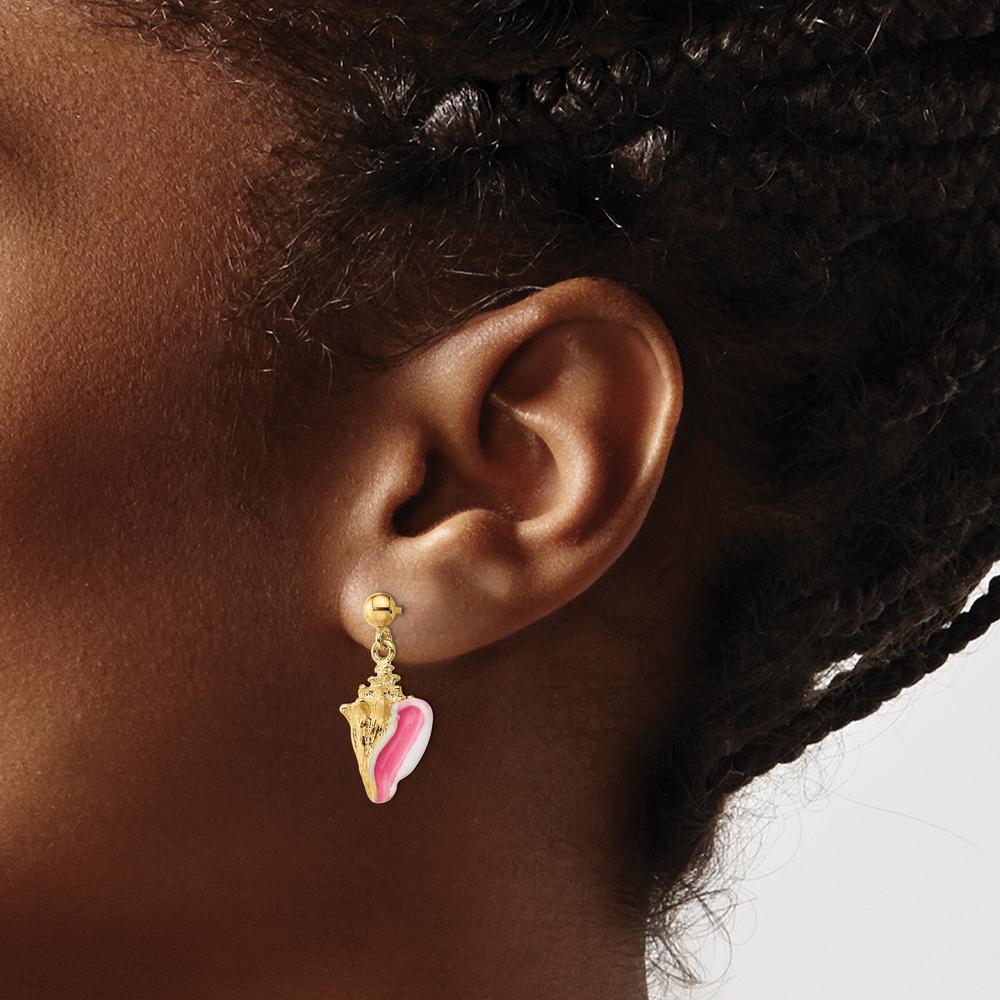 14K Yellow Gold Pink Enamel Conch Shell Dangle Earrings - 15.6mm Length by 0