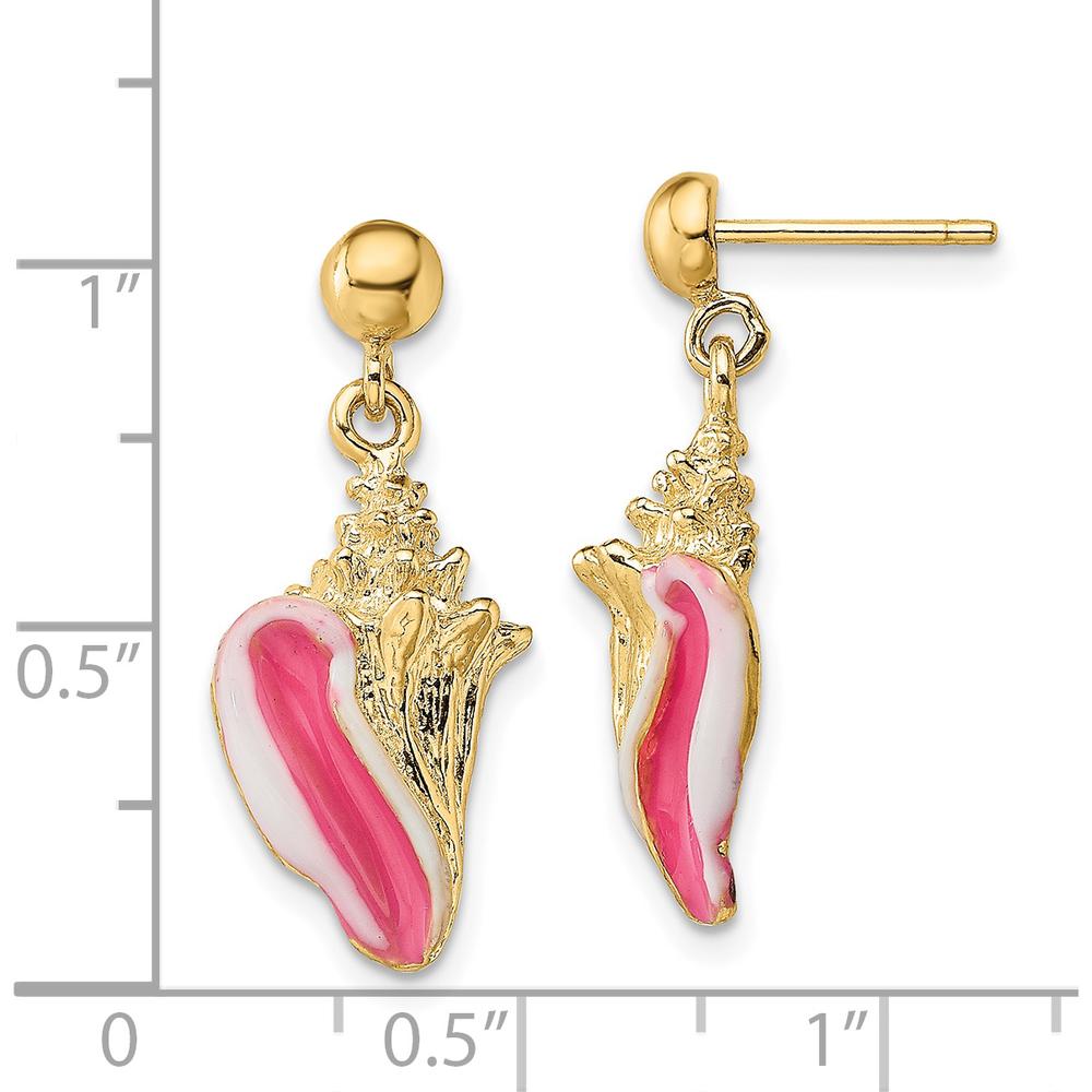 14K Yellow Gold Pink Enamel Conch Shell Dangle Earrings - 15.6mm Length by 0
